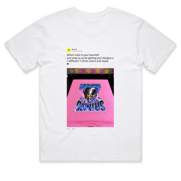 Post: Which color is your favorite? Just ping us up for getting your designs on different T-shirts colors and styles 💙💛🧡❤️💚💜🤍🖤