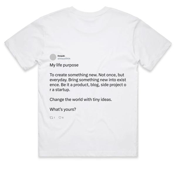 Post: My life purpose 👇 To create something new. Not once, but everyday. Bring something new into existence. Be it a product, blog, side project or a startup. Change the world with tiny ideas. What’s yours?