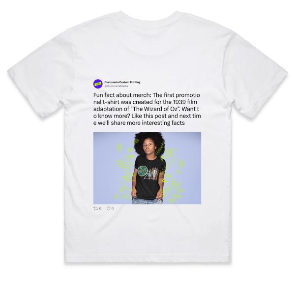 Post: Fun fact about merch: The first promotional t-shirt was created for the 1939 film adaptation of "The Wizard of Oz". Want to know more? Like this post and next time we'll share more interesting facts