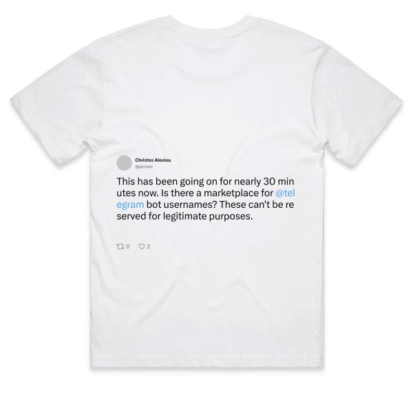 Post: This has been going on for nearly 30 minutes now. Is there a marketplace for @telegram bot usernames? These can't be reserved for legitimate purposes.